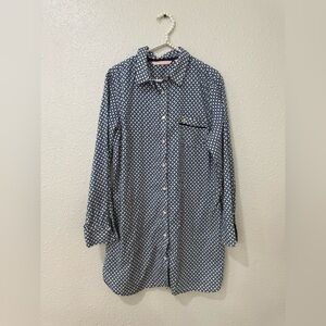Victoria Secret Nightshirt Cotton Collared Sz Large Button-Up Blue-White